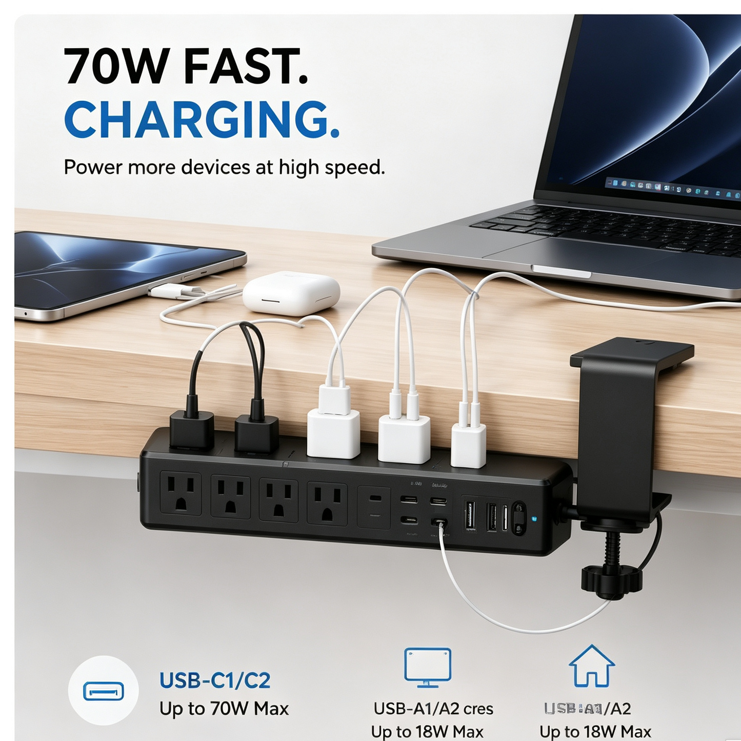 10-in-1 Desk Clamp Power Strip with USB-C Fast Charging